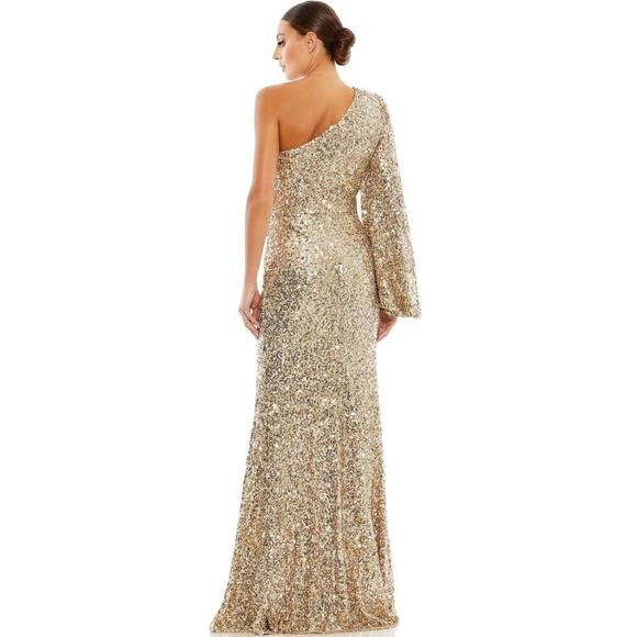 Mac Duggal 26717 Sequined One Shoulder Bishop Sleeve Trumpet Gown Gold SZ 8 NWT - Picture 4 of 12